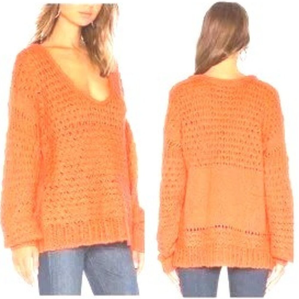 Free People Crashing Waves Coral Orange Wool Chunky Oversized Sweater